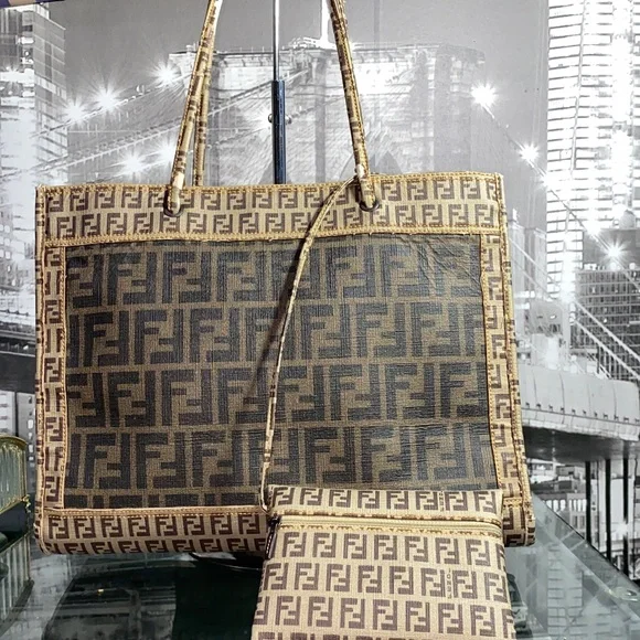 Authentic Rare FENDI Brown Monogram Tote with Matching Pouch - Picture 2 of 16
